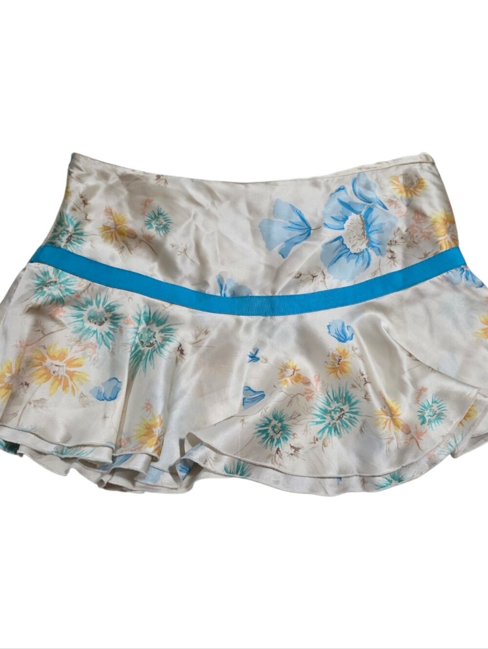 Abercrombie vintage cream silk miniskirt with blue ribbon, floral print, and gem - Picture 4 of 4